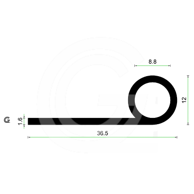 EPDM Rubber P profile | 36 x 12 mm | Per Meter